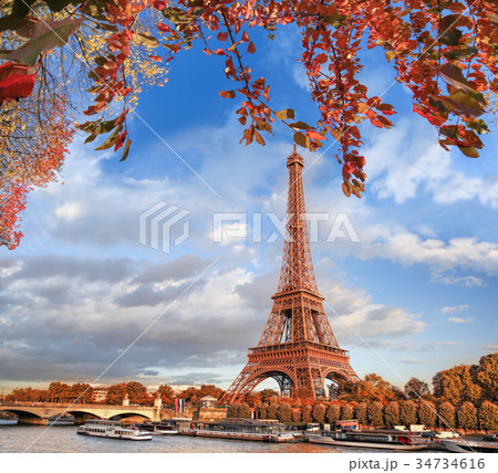 Eiffel Tower with autumn leaves in Paris, France 34734616
