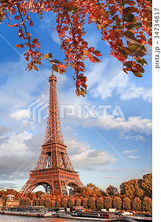Eiffel Tower with autumn leaves in Paris, France 34734617