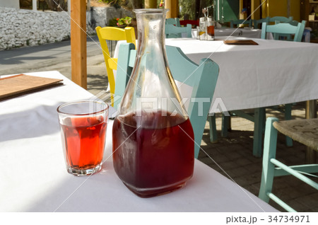 Carafe red wine and a glass filled on a table Carafe red wine and a glass filled on a table 34734971