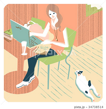 テーブルでパソコンを操作する女性と猫 34738514