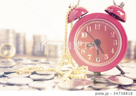 Image Of Coins With Red Fashion Alarm Clock Image Of Coins With Red Fashion Alarm Clock 34738818