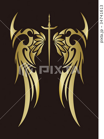 トライバル 黄金 天使の羽と剣のイラスト素材