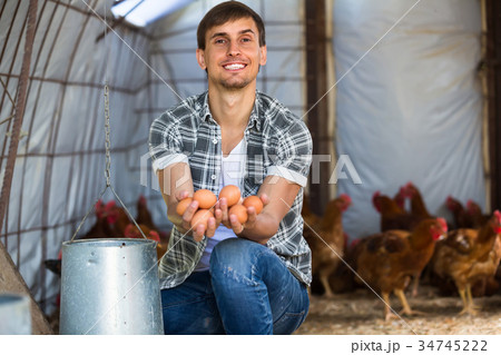 Male farmer picking fresh eggs in coop. 34745222