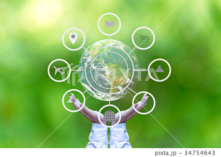 Hand holding globe with abstract global  34754643