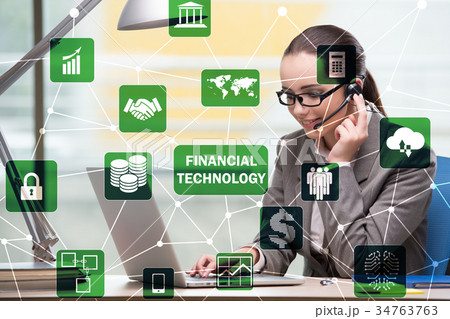 Businessman talking on headset in fintech concept 34763763