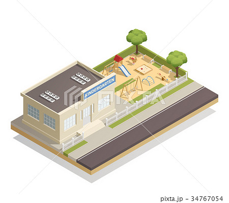 Kindergarten With Playground Isometric Kindergarten With Playground Isometric 34767054
