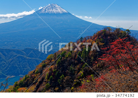 御坂山地・鬼ヶ岳の紅葉と初冠雪の富士山 御坂山地・鬼ヶ岳の紅葉と初冠雪の富士山 34774192