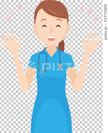 青いスクラブを着た看護師が手を開いて笑っているイラスト 34775869