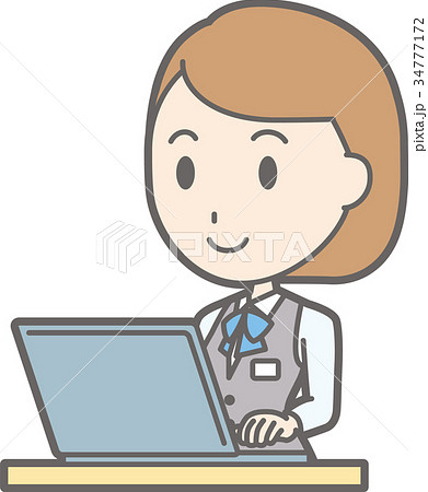 制服を着た事務員の女性がノートパソコンを操作しているイラストのイラスト素材