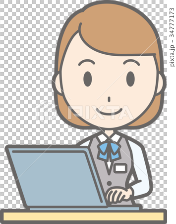 制服を着た事務員の女性がノートパソコンを操作して微笑んでいるイラストのイラスト素材