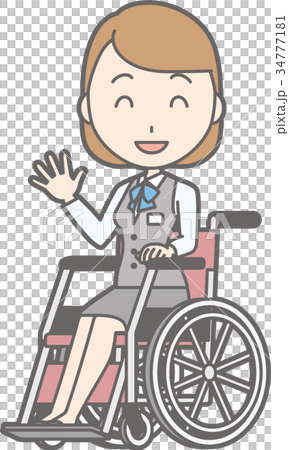 制服を着た事務員の女性が車椅子に乗って微笑んでいるイラストのイラスト素材