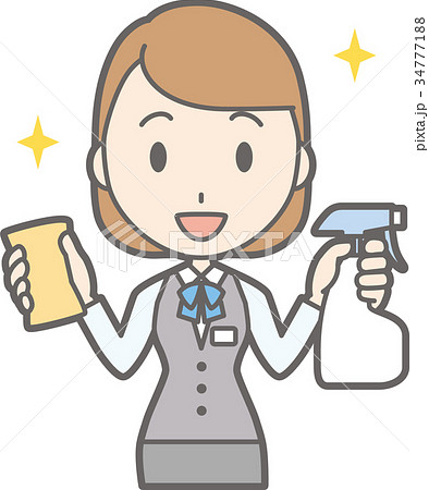 制服を着た事務員の女性が掃除をしているイラストのイラスト素材