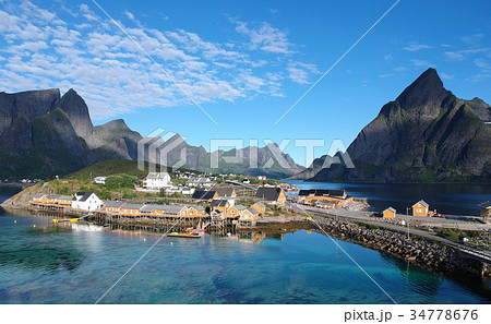 Aerial view of Yellow Fishing hut  Lofoten islands 34778676