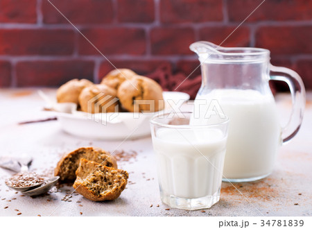 bread and milk on a table 34781839