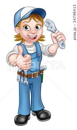 Cartoon Mechanic Or Plumber Woman Holding Spannerのイラスト素材