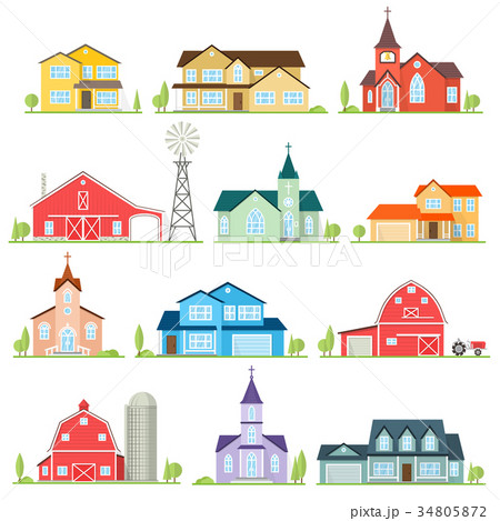 Set of vector flat icon suburban american houses. 34805872