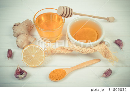 Cup of tea with lemon and ingredients for beverage Cup of tea with lemon and ingredients for beverage 34806032