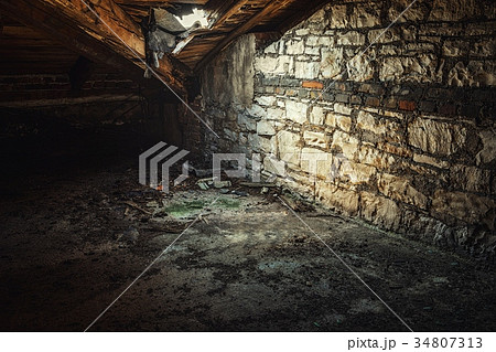 Creepy attic interior at abandoned building Creepy attic interior at abandoned building 34807313
