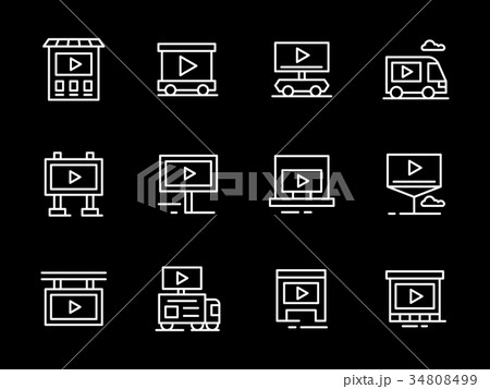 Video ads objects white line vector icons set 34808499