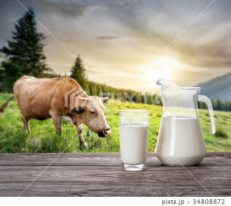 Milk in transparent dishes on a wooden table Milk in transparent dishes on a wooden table 34808872