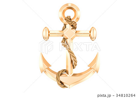 Golden anchor with rope, 3D rendering 34810264