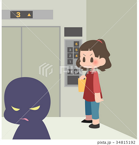 警戒しながらエレベーターに乗る女性と不審者 警戒しながらエレベーターに乗る女性と不審者 34815192