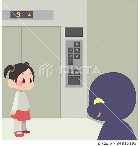 エレベーターに乗る女の子と狙う不審者のイラスト素材