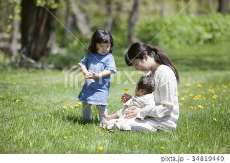 芝生で遊ぶ親子の写真素材