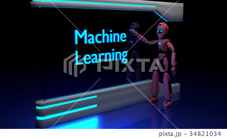 Little robot touching a futuristic computer screen 34821034