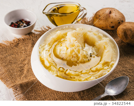 Mashed potatoes on white concrete background 34822544