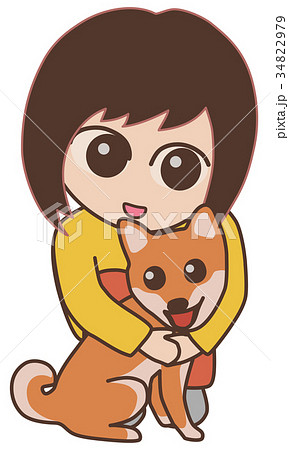犬を抱きしめる女性 柴犬のイラスト素材