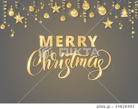 Merry Christmas hand written lettering. Golden Merry Christmas hand written lettering. Golden 34826463