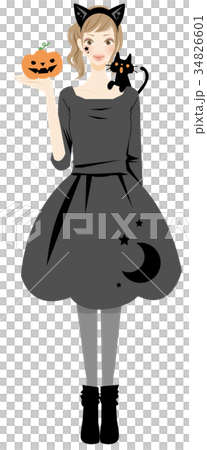 ハロウィン 猫コスプレの女性のイラスト素材