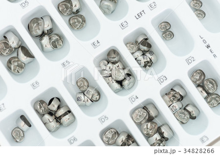 Metal dental crown samples in tray 34828266
