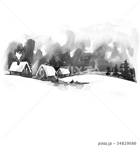 Watercolor Winter Landscape. Vintage Christmas 34829086