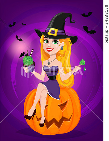 Halloween greeting card. Beautiful lady witch Halloween greeting card. Beautiful lady witch 34838158