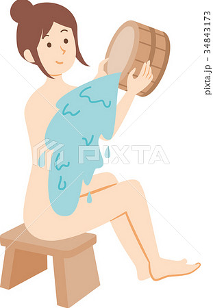 風呂場で座ってかけ湯をする女性のイラスト素材