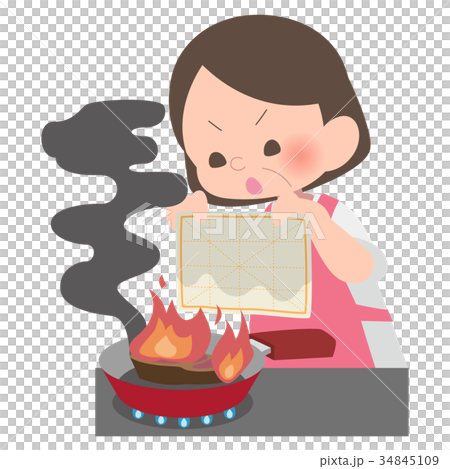 濡れ布巾で消火するおばさん 34845109