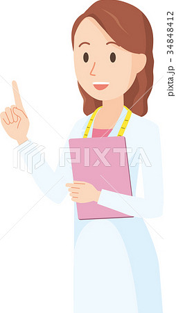 女性の栄養士が斜めを向いて指を指しているイラスト-上半身 34848412