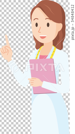 女性の栄養士が斜めを向いて指を指しているイラスト-上半身 34848412
