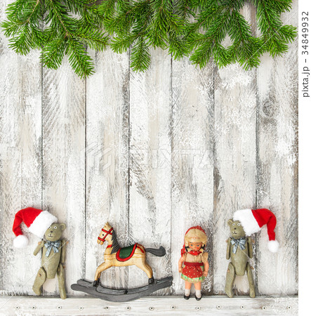 Christmas toys decoration rustic wooden background 34849932