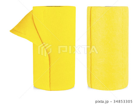 Top view of yellow felt fabric rollesl on white. 34853305