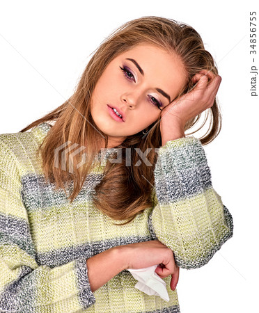 Woman holding nasal spray, packaging pill and 34856755