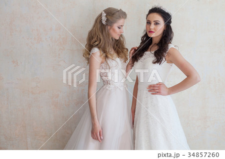two brides on wedding wedding blonde brunette two brides on wedding wedding blonde brunette 34857260