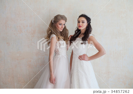 two brides on wedding wedding blonde brunette two brides on wedding wedding blonde brunette 34857262