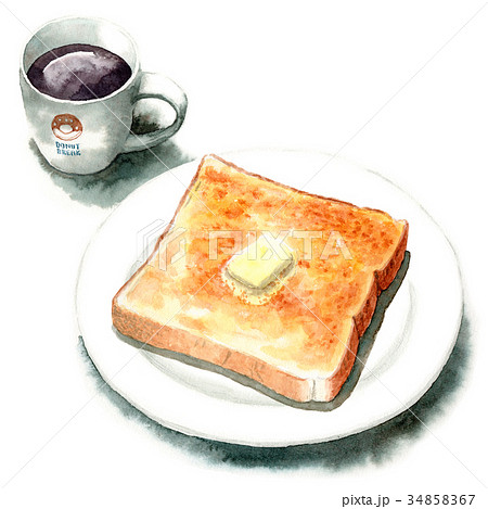 水彩で描いたバタートーストとコーヒーのイラスト素材