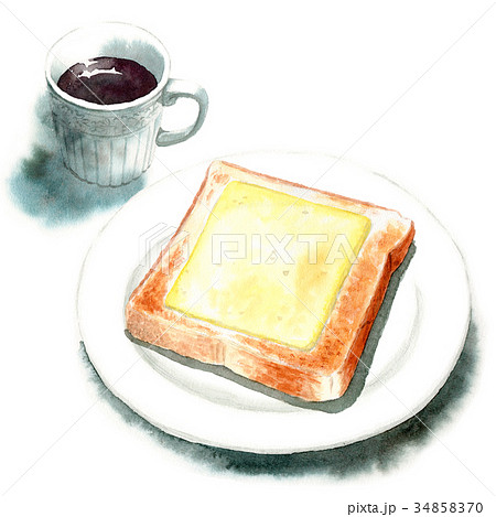 水彩で描いたチーズトーストとコーヒー 34858370