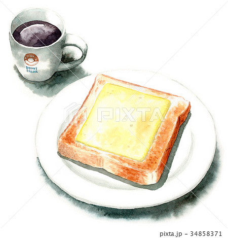 水彩で描いたチーズトーストとコーヒー 34858371
