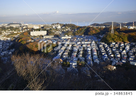 横須賀市の住宅地と東京湾 34863845