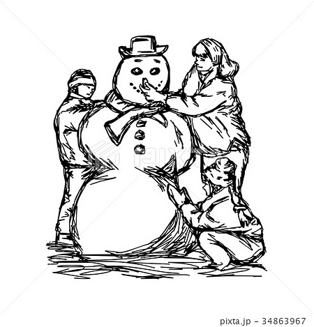 Happy mother and two children building snowman 34863967